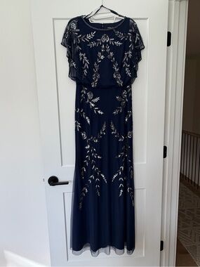 Adrianna Papell Navy Long Formal Dress with Silver Sequin Leaf Beading 4